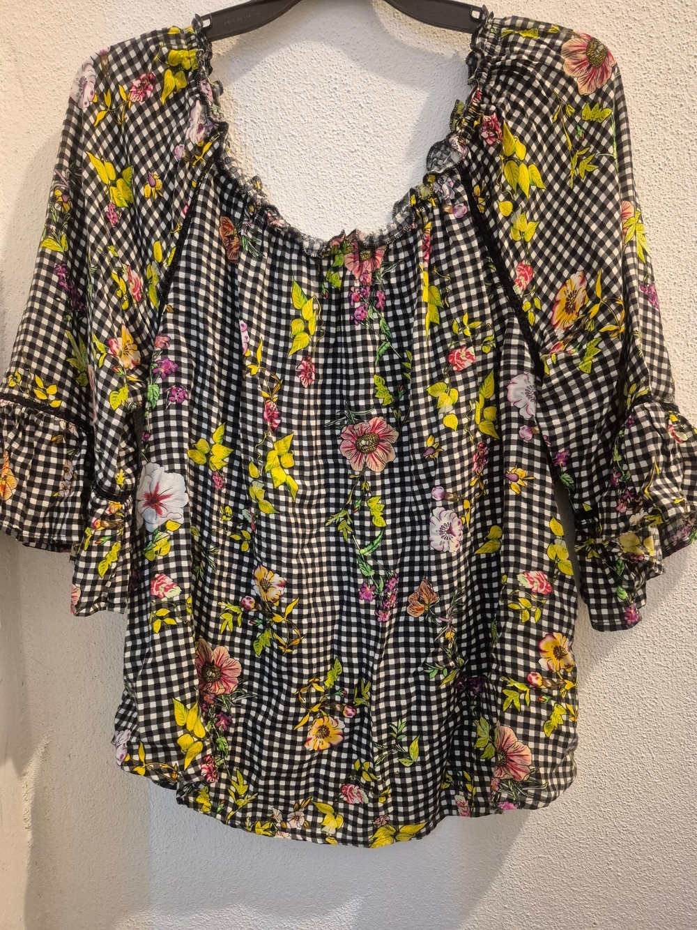 Unique Spectrum Black Gingham Floral Off-Shoulder Women's Top Size L 100% Rayon